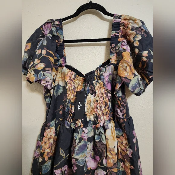 Lulus Adorable Tendencies Dark Grey Floral Puff Sleeve Midi Dress XXL Wedding - Picture 9 of 10